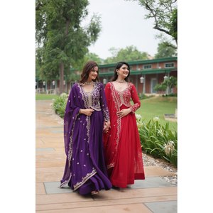 Handmade Multi-Embroidered Gown with Sequins for Party Wear A-Line Silhouette and Empire Waistline - Product Image 1
