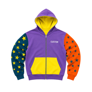 เสื้อฮู้ดดี้ผู้ชายแบบซิปเต็มตัว สีบล็อกสั่งทำได้ตามต้องการ พิมพ์ลายดาวที่แขนเสื้อ ทรงไหล่ตก แฟชั่นสตรีทแวร์ล้ำสมัย รับผลิตแบบ OEM - Product Image 4