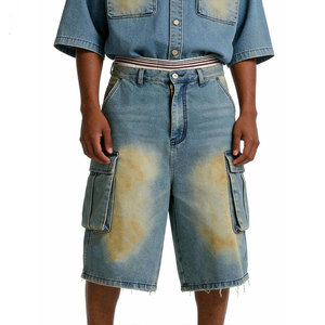 Shorts de Mezclilla Azul Claro para Hombre, Casuales, de Verano, Relajados, Lavados, Elásticos, de Algodón, hasta la Rodilla - Product Image 1