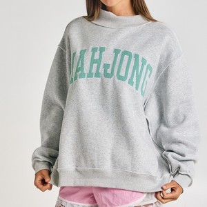 Sweat-shirt surdimensionné à col montant et manches longues pour femme, avec logo personnalisé, broderie Mahjong et lettres rayées, vente en gros - Product Image 5
