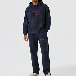 <b>Men's</b> <b>Navy</b> Hooded Tracksuit Set Full Sleeve Solid Color Casual <b>Joggers</b> With Side Pockets Autumn Wear 100% Cotton Midweight - Product Image 3