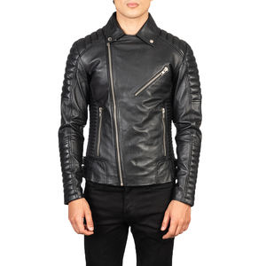 Chaqueta de Cuero Acolchada Negra para Hombre, Estilo Motero, Corte Ajustado, Cierre Asimétrico - Product Image 4