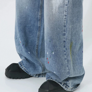 Jean en denim à jambe large, taille haute, coupe ample, délavé, peint à la main, style streetwear, en coton, pantalon tendance printemps - Product Image 4