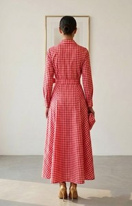 Ladies Red Plaid Maxi Cotton Dress Long Sleeve <b>Button</b> Front Belted A Line Fashion Dress. - Product Image 5