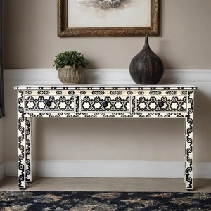 Table console réglable en hauteur, peinte à la main, motif floral noir et blanc, thème indien, avec tiroir et portes, décoration d'intérieur - Product Image 1