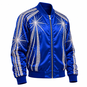 Chaqueta de Satén con Pedrería para Hombre, Azul Marino Brillante, Estilo Bomber, con Detalle de Corona de Cristal y Cierre Dorado, para Fiestas y Uso Casual - Product Image 5