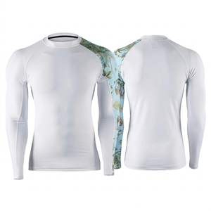 เสื้อแรชการ์ดแขนยาวผู้ชาย สีขาว พิมพ์ลายทรอปิคอลที่แขนข้างหนึ่ง ป้องกันรังสียูวี เสื้อรัดรูปสำหรับเล่นกีฬากลางแจ้ง - Product Image 6