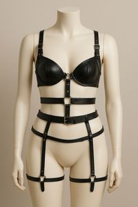 Conjunto de sujetador con aros de piel sintética negra para mujer y braguita de cintura alta con tirantes ajustables, lencería push-up de copa completa, dos piezas - Product Image 2