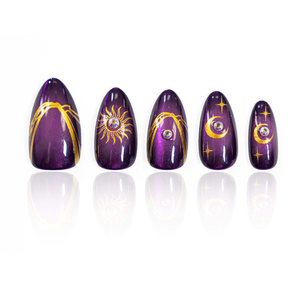 Ongles à presser Soleil & Lune, forme amande moyenne, brun foncé, 24 pièces, or céleste, matériau ABS, personnalisables - Product Image 1