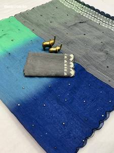 Sari-Blouse en Lin et Coton de Haute Qualité avec Broderie Miroir Intégrale et Rayures Noires et Blanches – Exportateur Mondial - Product Image 6