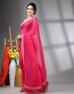 Sari Tradicional KV de Algodón Mul con Borde Bordado para Fiesta, Sin Blusa - Product Image 1