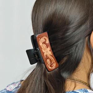 Vintage Leather Hair <b>Clip</b> With Floral Embossing For Women's Accessories - Product Image 1