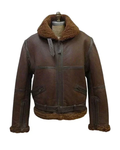 Chaqueta de aviador vintage para hombre, de piel de oveja marrón, con cuello de piel, cremallera y cinturón, 100% lana, color sólido - Product Image 1