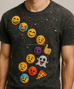 Men Regular Fit Vintage Washed Distressed Knitted Polyester/Cotton Breathable Digital Printing Letter <b>Short</b> <b>Sleeve</b> High Street - Product Image 3