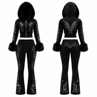 Ensemble de survêtement personnalisé respirant pour femme, style Hip Hop, avec capuche et poignets ornés de strass, pantalon évasé à imprimé tribal rose et noir
