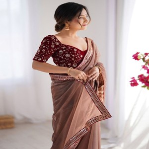 VASTRA COTTAGE Saree de Fiesta con Blusa de Terciopelo Bordada, Color Marrón, Atuendo Tradicional Étnico para Mujer - Product Image 2