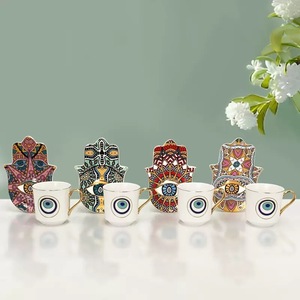 Ensemble de tasses en céramique œil porte-bonheur avec soucoupes Hamsa colorées, poignée dorée bohème, pour café turc et thé, coffret cadeau, vente en gros OEM - Product Image 1