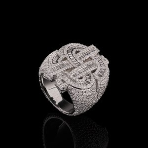 Men's 925 Silver Iced Out Dollar Sign Moissanite Cocktail <b>Ring</b> Hip Hop Pave Setting Baguette Cut Statement Jewelry Party Wear - Product Image 4