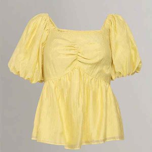 Haut court jaune à manches bouffantes pour femme, col carré, froncé, coupe ample, 100 % coton, style Prairie Chic estival - Product Image 1