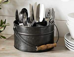 Classic Rustic Galvanized Cutlery Holder For Traditional Dining Area Decor Offering Vintage Inspired <b>Storage</b> - Product Image 2