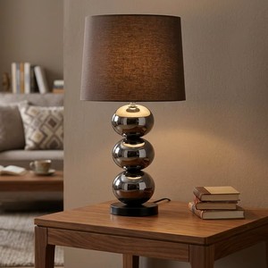 Contemporary Glass Table Lamp Brown Fabric Drum Shade E27 LED Bulb Base 3000K Warm White Light Bedroom <b>Decorative</b> <b>Lighting</b> - Product Image 2