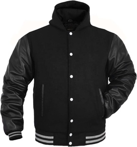 All Black Wool Letterman <b>Jacket</b> Varsity <b>Jacket</b> Genuine <b>Leather</b> Sleeve and Wool Blend Letterman Boys College Varsity <b>Jackets</b> - Product Image 1