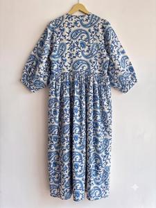 Best Quality Women Casual Maxi <b>Dress</b> 100% Cotton Blue Paisley Print Puff Sleeve O-Neck Loose Fit <b>Elastic</b> Waist Summer Daily Wear - Product Image 1