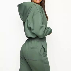 Conjunto Deportivo con Capucha para Mujer, Color Verde Sólido, Sudadera Larga con Bolsillos Laterales, Corte Holgado, Ropa Casual de Otoño - Product Image 4