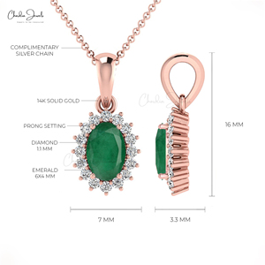 Pendentif en émeraude naturelle 6x4mm avec halo de diamants en or massif 14 carats, bijou en pierres précieuses pour femme, idéal pour le quotidien, prix de gros - Product Image 5