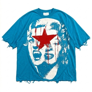T-shirt vintage vieilli à col rond, streetwear, coupe oversize, imprimé personnalisé, manches courtes, en coton tricoté, épaules tombantes, style urbain - Product Image 1