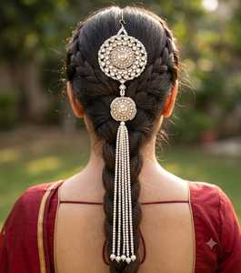 Designer Pearl <b>Braided</b> Hair <b>Accessory</b> Gold Plated Bridal Juda Pin Traditional Hair Brooch Wedding Bun Hairstyle Jewelry - Product Image 1