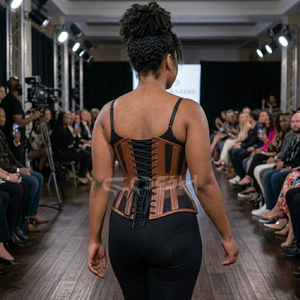 Corsé de cuero marrón con varillas de acero, estilo underbust, para curvas extremas, con paneles de malla negra |   Cierre Antiguo de Estilo Vintage sin Costuras con Soporte Firme - Product Image 4