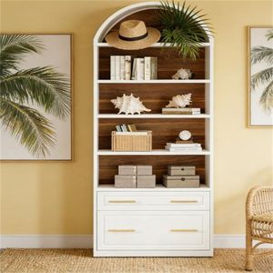 Elegante Estantería con Diseño Arqueado y Vitrina, Amplio Espacio de Almacenamiento con Cajones para Archivos y Estantes de Exhibición - Product Image 4