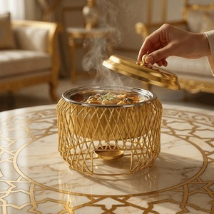 Plat de service de luxe en acier inoxydable doré, isotherme, pour buffet, avec panier en fil métallique, type chafing dish - Product Image 6