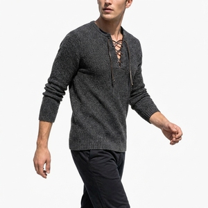 Men Lace up V-neck Solid Knit <b>Sweater</b> Long Sleeve <b>Shirt</b> for Autumn Casual Wear ODM - Product Image 1
