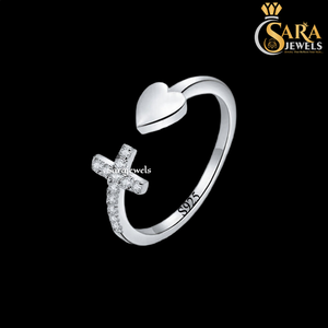 Anillo Cruzado de Plata 925 con Circonita Cúbica y Diseño de Corazón de Sara Jewels, Joyería Religiosa para Mujer, Uso Diario - Product Image 1