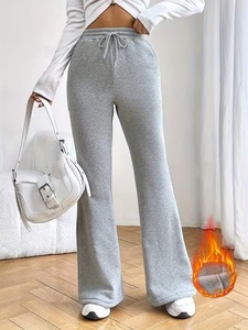 Women High Waist Flared Leg Sweatpants Solid Gray Cotton Spandex Drawstring Side Pockets Full Length Autumn Casual Pants - Product Image 6
