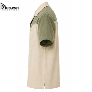 Chemise de bowling décontractée pour homme à manches courtes bicolore, vert olive et beige, avec col occidental boutonné, chemise d'été - Product Image 3