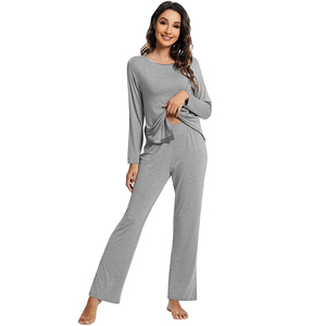 Women's Gray Knitted Long Sleeve Pajama Set Soft Full Length Casual Sleepwear Round Neck <b>Elastic</b> Waist Autumn Wear - Product Image 5