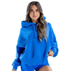 Sweat-shirt à capuche pour femme en molleton 100% coton, couleur bleue, coupe ample, épaules tombantes, sweat-shirt uni pour femme - Product Image 1