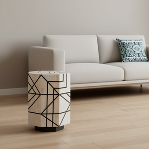 Mueble de Almacenamiento Redondo de Madera con Diseño Geométrico Incrustado, Muebles Tradicionales para Dormitorio, Decoración de Interiores, Mesa de Centro - Product Image 5