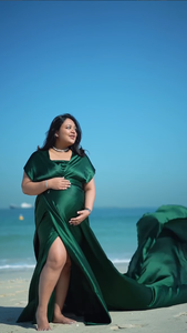 Elegant Emerald <b>Green</b> Satin <b>Maternity</b> Gown for Beach Photoshoot Satin Wrap Slit <b>Dress</b> Long Flying Trail Gown Evening Maxi Gown - Product Image 2