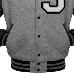 Men's Gray Varsity Jacket with Black Sleeves Number 5 Embroidered Zipper Closure Casual Winter Wear Sherpa Lining Floral Pattern - Product Image 3