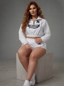 White Cropped <b>Blazer</b> Matching Shorts Plus Size High Waist Elastic Closure Contrast Stitch Letter Print Waterproof Windbreaker - Product Image 6