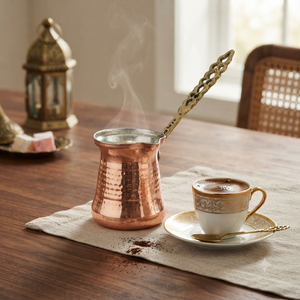 Cafetera Turca de Cobre Hecha a Mano, Estilo Vintage, Cezve, Ibrik Árabe, Briki Griega, Calentador de Leche para Estufa con Asa de Latón con Filigrana Ornamentada - Product Image 4