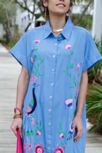 Robe à fleurs bleue Suzani pour femmes et filles Impression numérique Tissé Taille Décoration à glissière lavable naturelle - Product Image 4