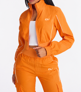 Manufacturer <b>Cropped</b> Women's Nylon Windbreaker Tracksuit Elastic Waist Custom Reflective Piping Jacket & Cargo Jogger <b>Pants</b> Set - Product Image 2