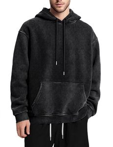 Custom Acid Wash Men's Hoodie Vintage <b>Black</b> Stone Wash <b>Fleece</b> Pullover Oversized Streetwear Retro Hooded Sweatshirt - Product Image 1