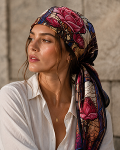 Printed Floral Silk Scarf Stained Glass Style Square Shawl <b>Pink</b> Rose Gift <b>Wrap</b> for Women - Product Image 3