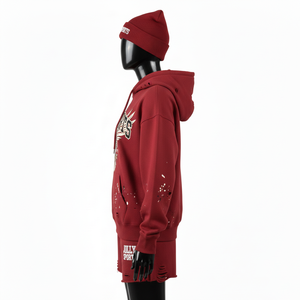 ชุดเซ็ตฮู้ดดี้และกางเกงขาสั้นผ้าฝ้ายผสมขนแกะสีแดงเลือดหมูพิมพ์ลายโลโก้ตามสั่งสำหรับผู้หญิง ผ้าฝ้าย 100% - Product Image 3